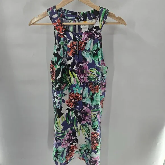 C&C California Floral Tropical 100% Linen Sheath Sleeveless Mini Dress - Picture 1 of 13